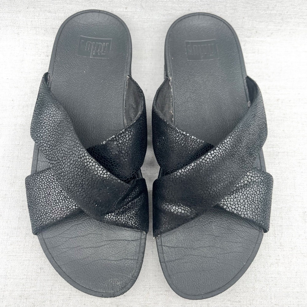 FitFlop Womens 9 Swoop Slide Sandal Shoe Black Leather Cross Strap Comfort Wedge